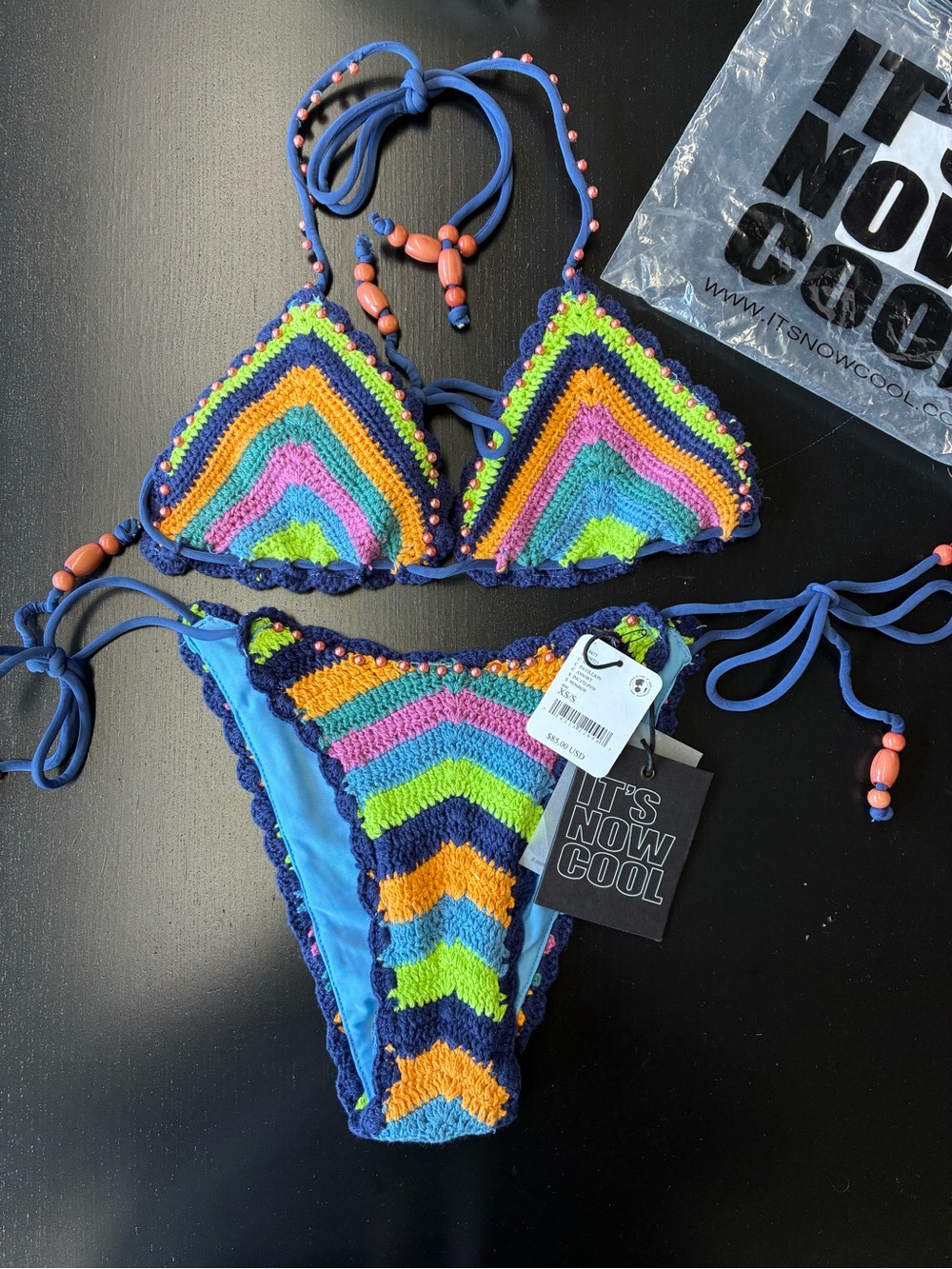 Girls' Crochet Rainbow Bikini Set - Blue Trim by It's Now Cool